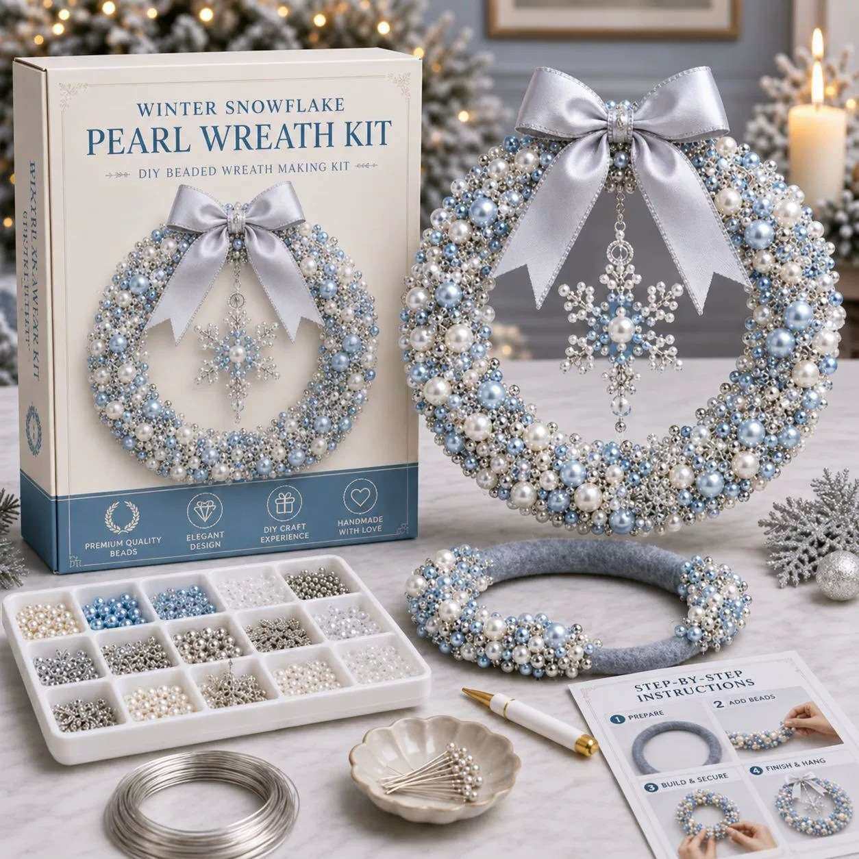 新品DIY Christmas Pearl Wreath Kit手工串珠节日装饰品花环