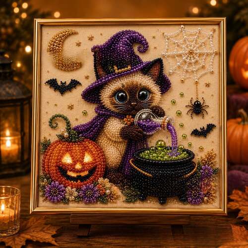 新品Halloween Cat Pearl Bead Painting Kit万圣节猫钻石画套装
