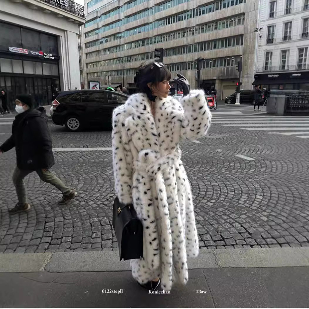 亚马逊跨境冬装女西服领狐狸毛皮草外套欧美风加长款宽松保暖