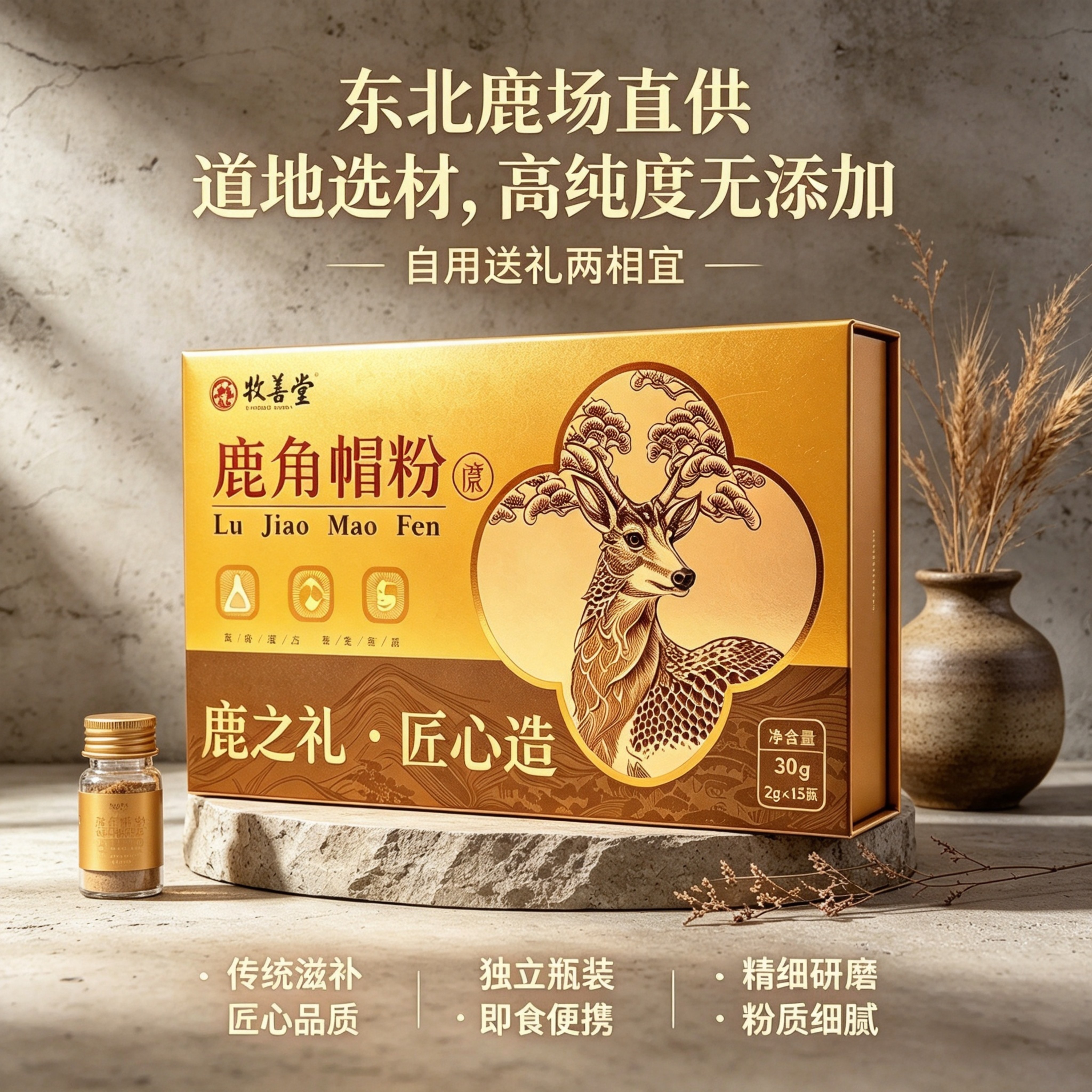 吉林梅花鹿鹿角帽粉30g高纯度粉质细腻即食冲饮独立瓶装自食送礼