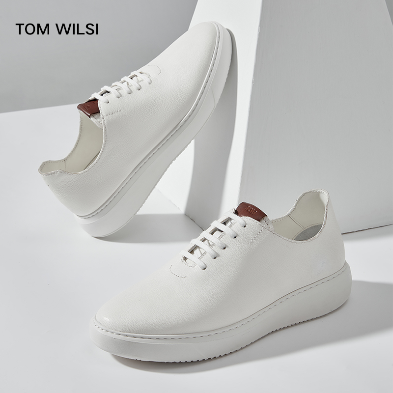 TOM  WILSI增高西装小白鞋厚底百搭休闲鞋男低帮真皮白色板鞋春秋
