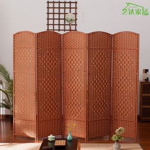 简约客厅卧室折屏简易折叠移动实木屏风 创意手工草编屏风隔断时尚