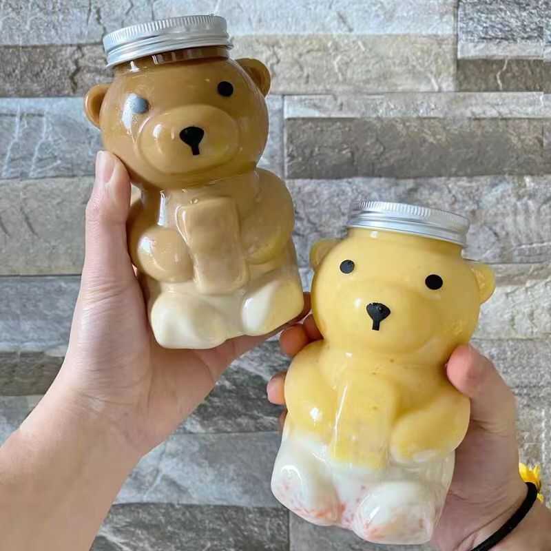 网红可爱小熊奶茶杯子杨枝甘露塑料瓶饮料饮品果汁带盖pet一次性