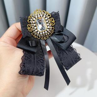 女配饰饰品天然锆石 欧美黑色蕾丝结英伦复古镶钻小香胸针领结衬衫