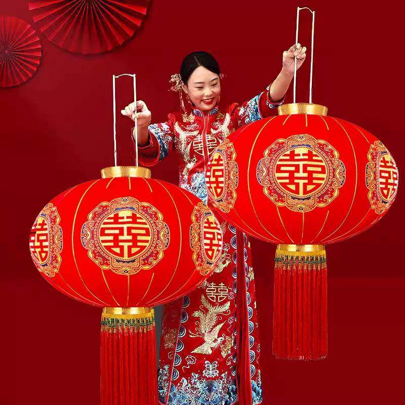 结婚阳台灯笼院子婚庆装饰喜庆植绒户外红灯笼婚礼大门植绒灯笼