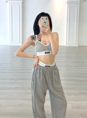 peachdaily 灰色运动内衣套装女ins百搭潮jazz跳舞带胸垫吊带背心