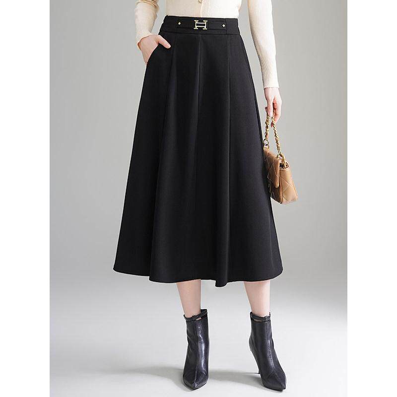 时尚黑色半身裙女2025秋冬中长款高腰显瘦a字伞裙垂感遮胯大摆裙
