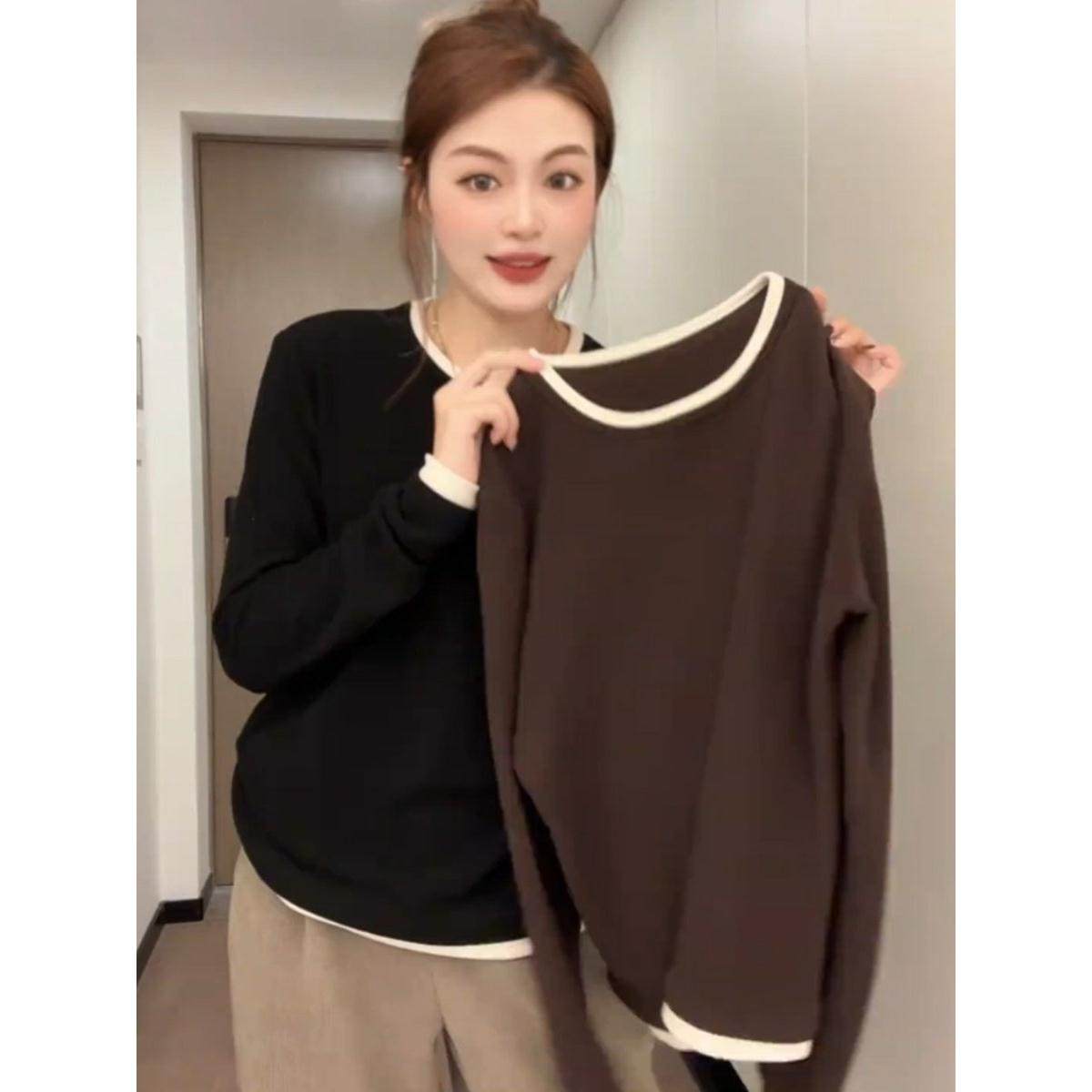 设计感撞色假两件长袖T恤女春秋季韩版双面磨毛德绒圆领套头上衣,女装/女士精品,大码内搭,淘宝优惠券,粉丝福利购,淘宝优惠卷
