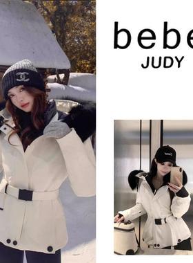 bebe judy~白色连帽狐狸毛羽绒服女冬新款时尚修身收腰短款派克服