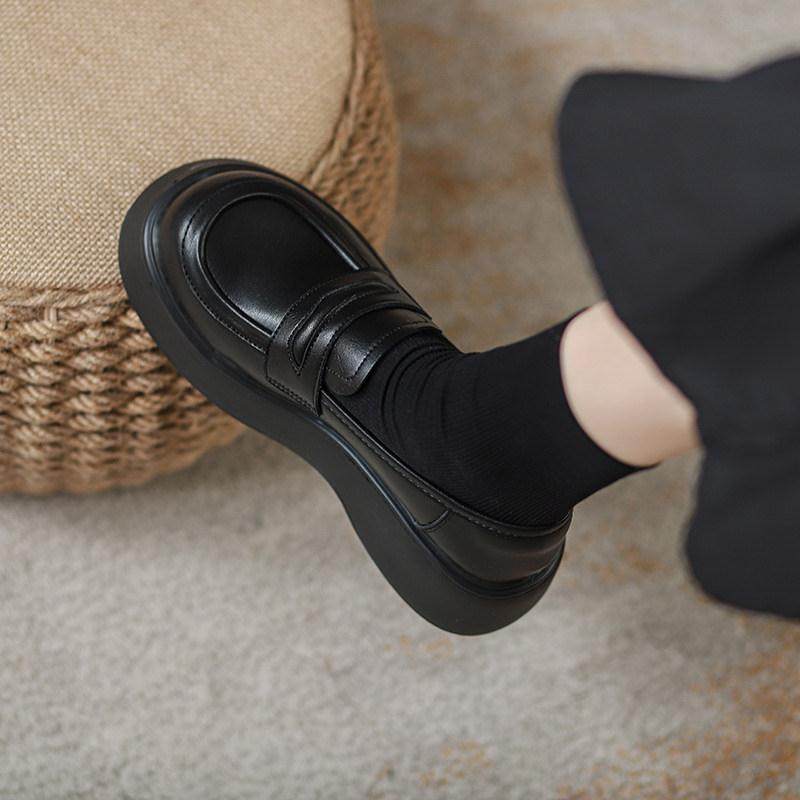 港风轻奢新款~真皮厚底乐福鞋女秋冬季百搭单鞋黑色英伦风小皮鞋,女鞋,乐福鞋（豆豆鞋）,淘宝优惠券,粉丝福利购,淘宝优惠卷