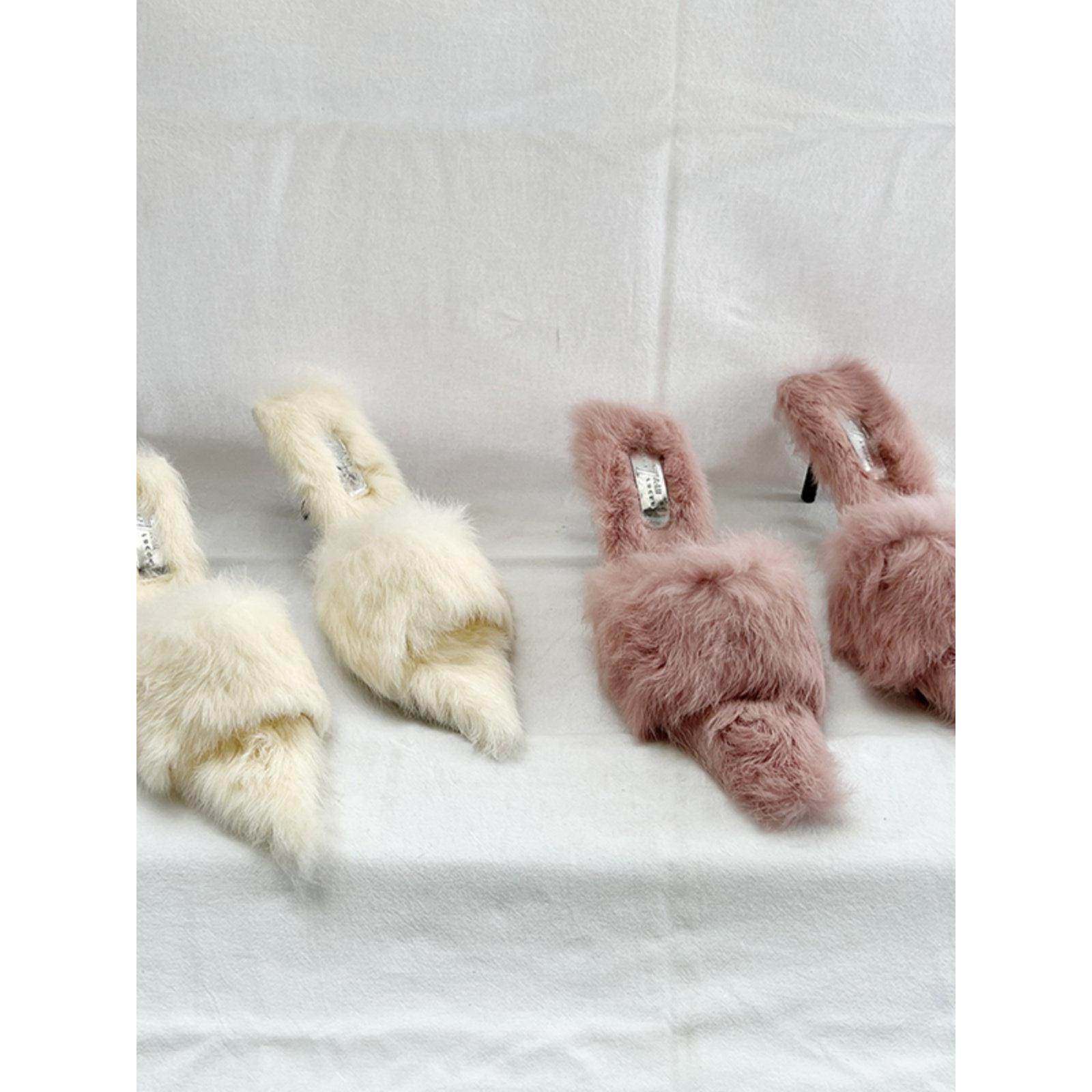 欧美尖头细跟兔毛外穿露趾拖鞋女2025秋冬高跟一字带毛毛性感凉拖,女鞋,毛毛鞋,淘宝优惠券,粉丝福利购,淘宝优惠卷