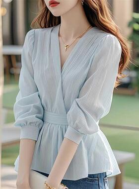 香港TIMO秋季女法式高级感轻奢减龄洋派超好看淡蓝色雪纺条纹衬衫