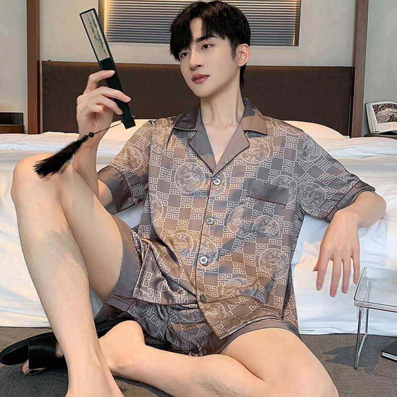 桑蚕丝睡衣男夏季短袖短裤开衫真丝绸青少年冰丝家居服可外穿套装