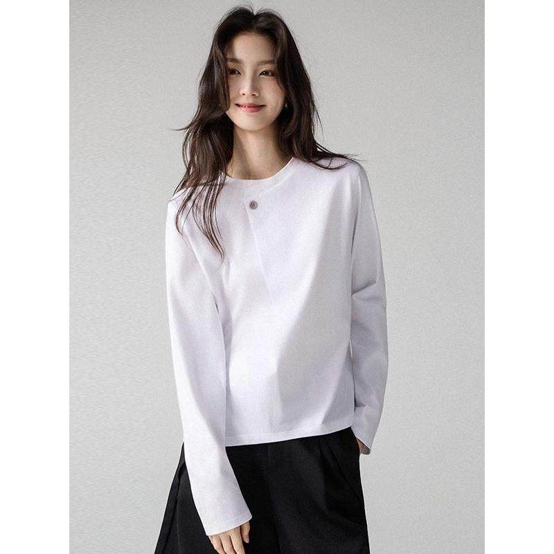 韩国白色设计感别致长袖t恤女春秋正肩宽松极简风纯棉一粒扣上衣