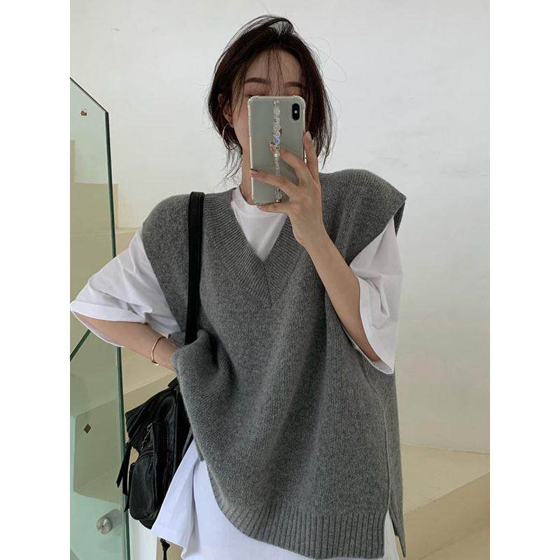 秋装V领羊绒背心女宽松针织衫马甲外穿无袖毛衣套头显瘦羊毛坎肩