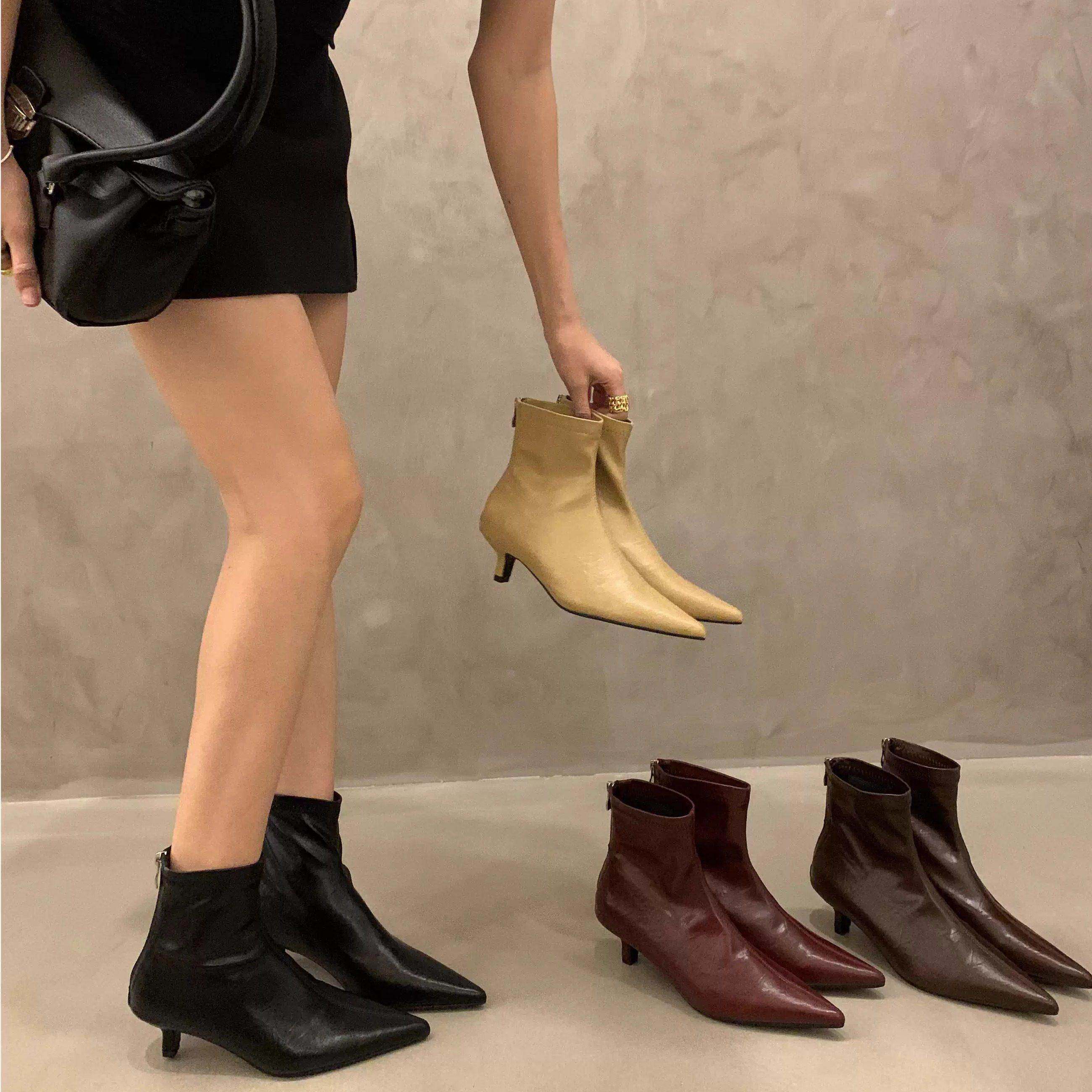 香港尖头细跟短靴女2025冬季新款女靴子马丁靴短筒靴高跟鞋瘦瘦靴,女鞋,弹力靴/袜靴,淘宝优惠券,粉丝福利购,淘宝优惠卷