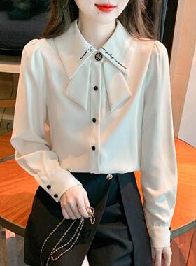 香港TIMO法式长袖衬衫女春秋刺绣双层领别致上衣职场轻熟风衬衣