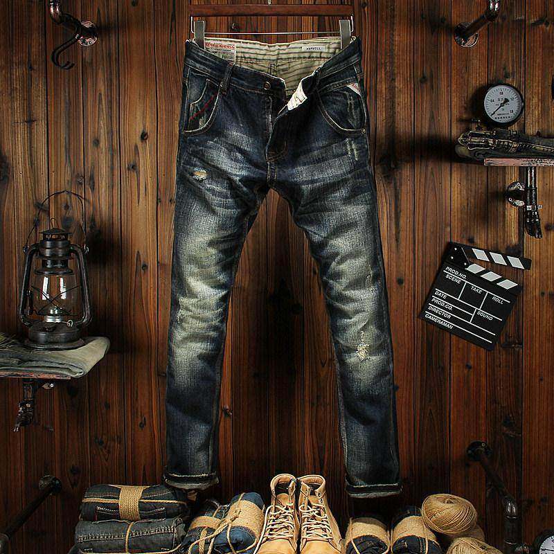 香港潮牌深色破洞牛仔裤男秋冬款修身小直筒复古怀旧弹力休闲长裤,男装,牛仔裤,淘宝优惠券,粉丝福利购,淘宝优惠卷