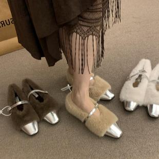 香港小香风平底尖头玛丽珍毛毛鞋女外穿2025冬季新款加绒保暖棉鞋