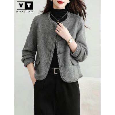 WEI TING短款小香风双面羊绒大衣女秋冬季新款小个子圆领毛呢外套