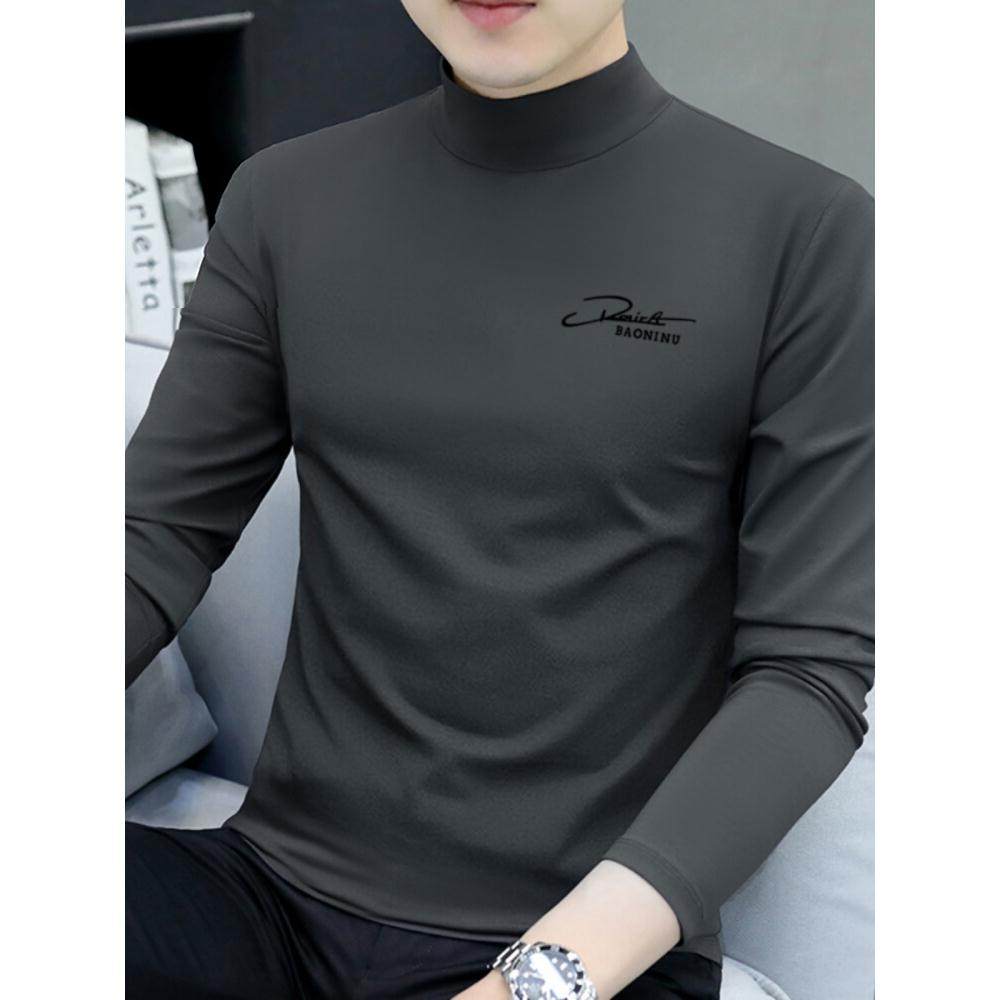 高端春秋纯棉长袖t恤男士冬季加绒加厚保暖打底衫半高领内搭高端