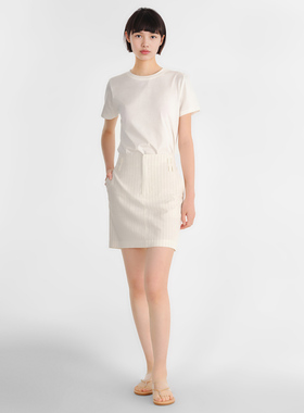 小着暖冬 SK11 白色细条纹亚麻高腰迷你短裙 低语的美美