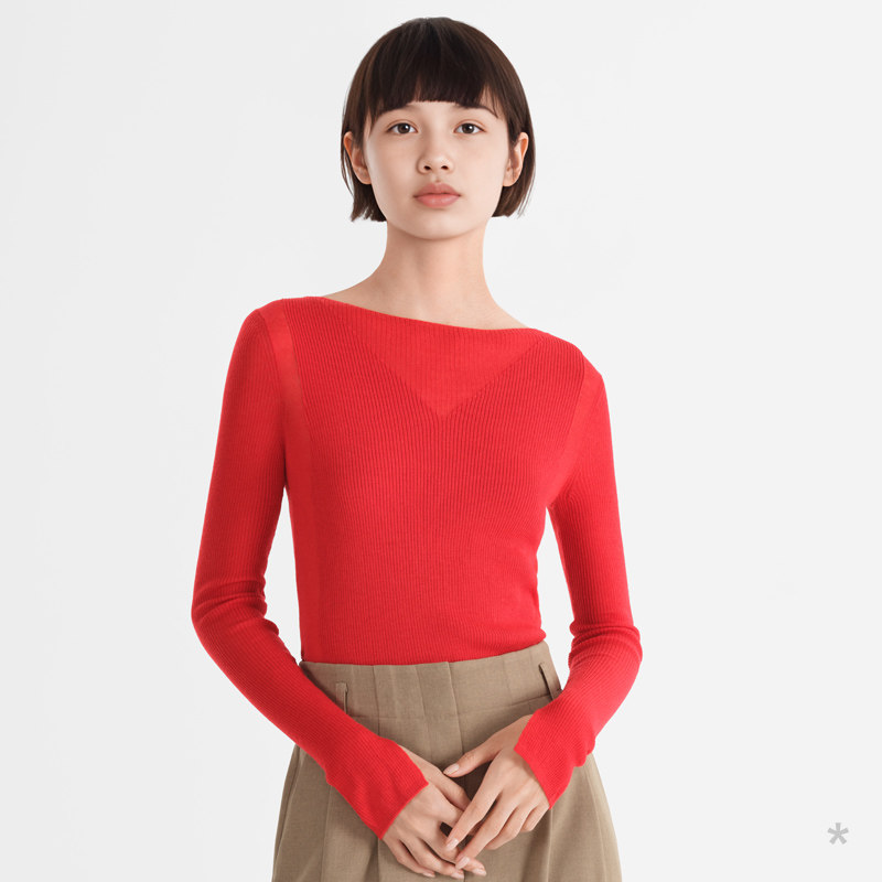 小着暖冬 HB19 红色一字领精细羊毛薄针织,女装/女士精品,毛针织衫,淘宝优惠券,粉丝福利购,淘宝优惠卷