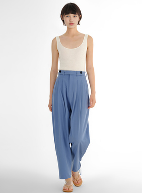 小着暖冬 PA15 雾蓝色高腰锥型脚口系带长裤 显细长直 明亮的美