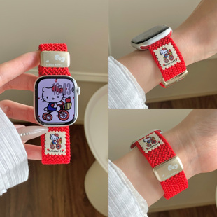 適用蘋果手表s10代iwatch可愛KT尼龍編織磁吸扣applewatch9se表帶