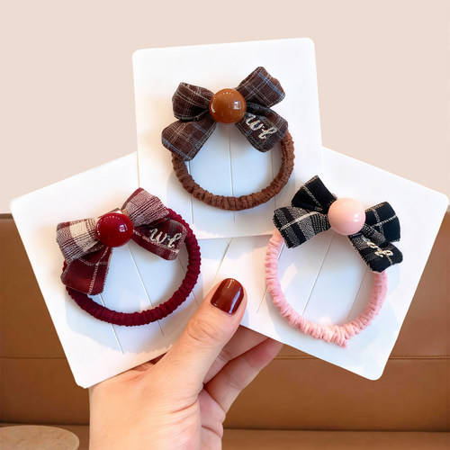 儿童珠珠蝴蝶结发圈韩版格纹扎头