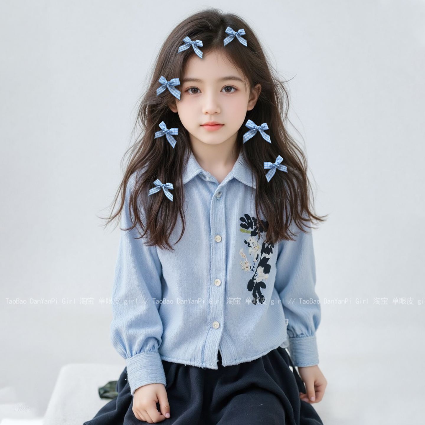 儿童蓝色格纹蝴蝶结发卡头饰