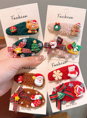 新款韩系儿童秋冬羊羔毛发夹女童圣诞红绿色系蝴蝶结布艺BB夹对夹
