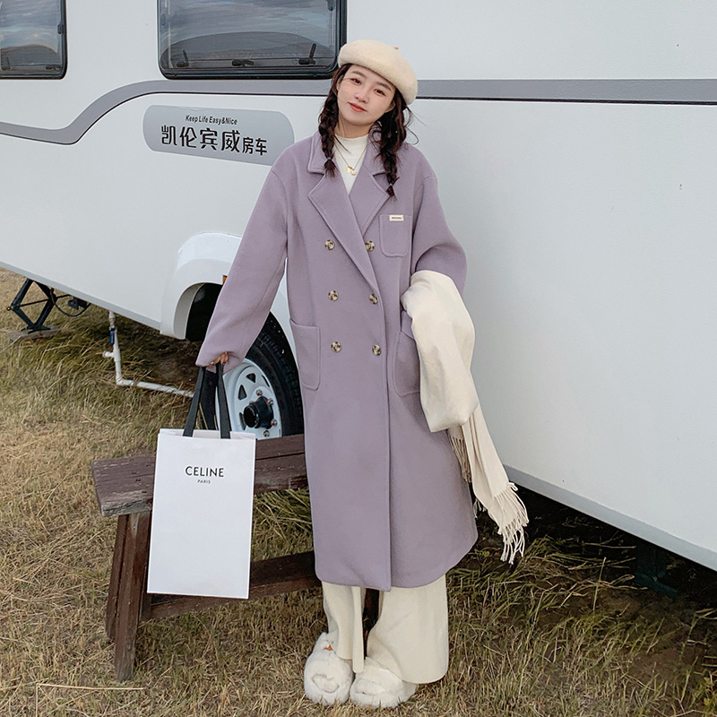 紫色高级感加厚呢大衣女中长款秋冬2025新款赫本风西装毛呢外套潮