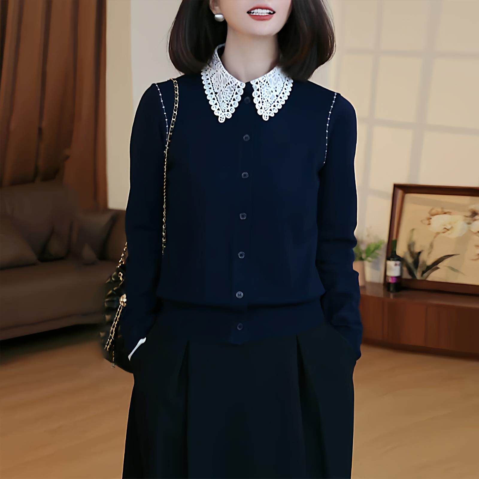 JOYIASS蕾丝翻领撞色假两件针织衫开衫女秋冬2025新款藏青色上衣
