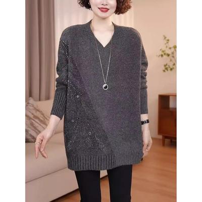 JOYIASS高级感针织衫女秋冬中长款镶钻打底毛衣可外穿宽松遮屁股
