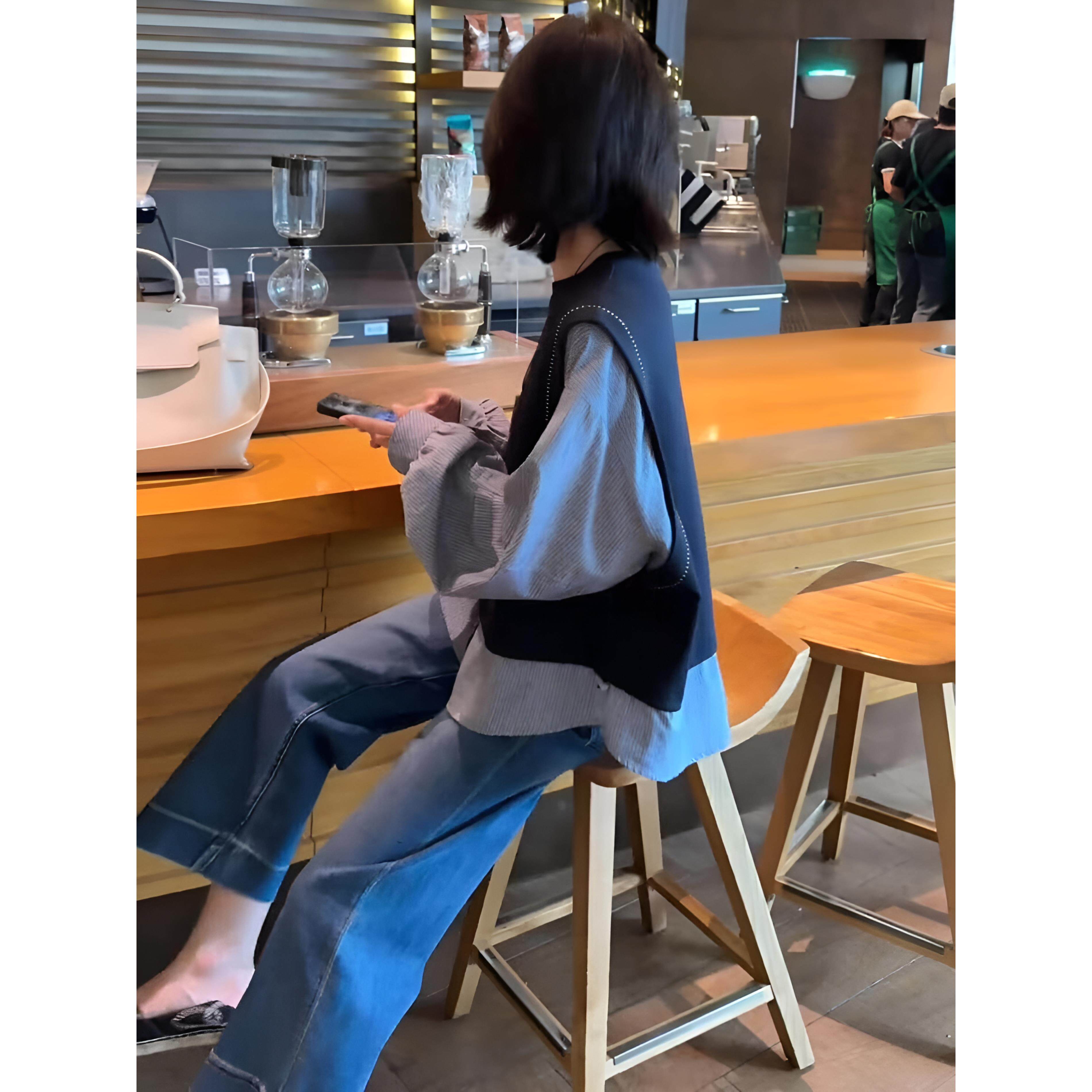 JOYIASS巨好看的秋装一整套设计感小众假两件拼接条纹衬衫牛仔裤