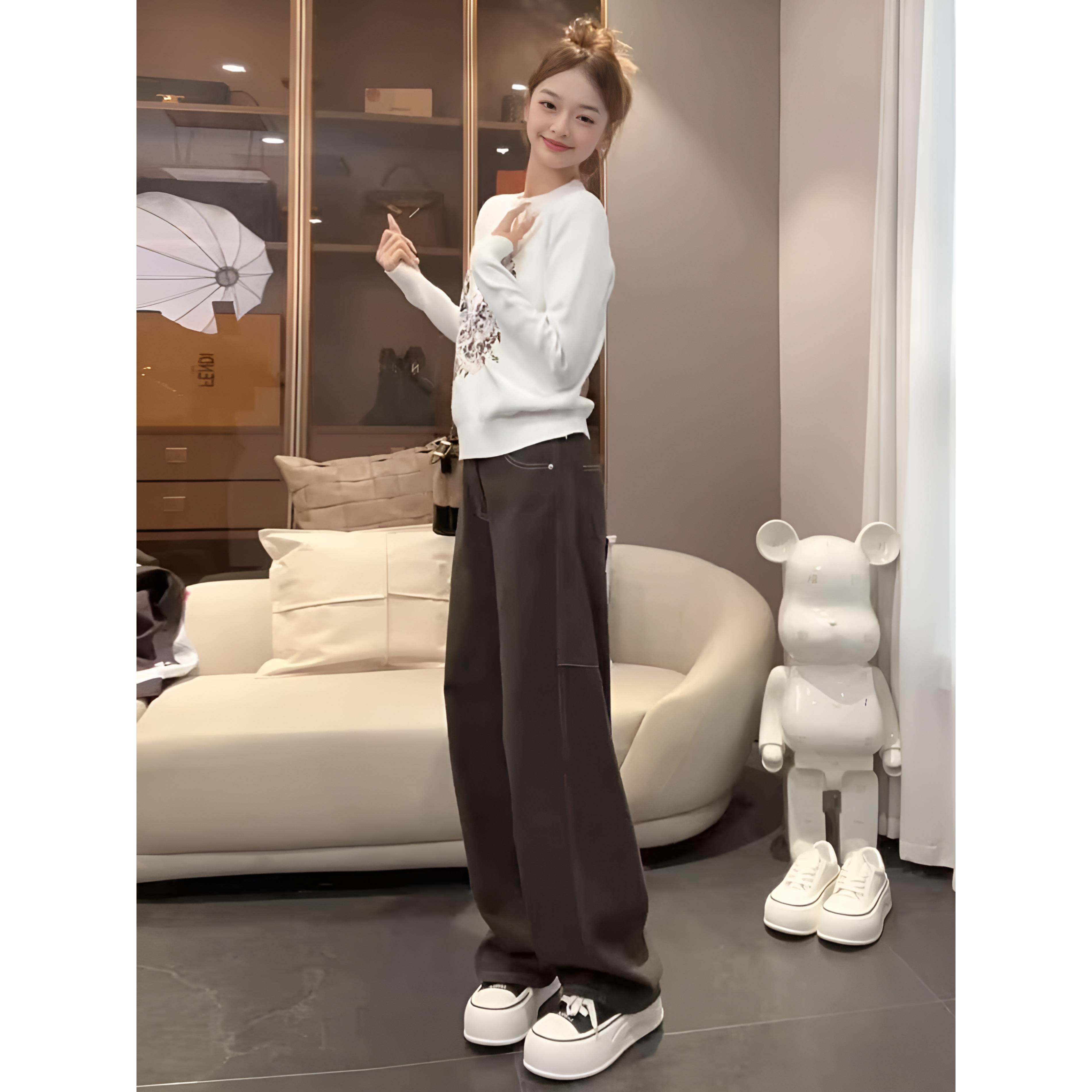 JOYIASS早秋漂亮韩系小套装女卡通印花白色针织毛衣高腰阔腿裤休