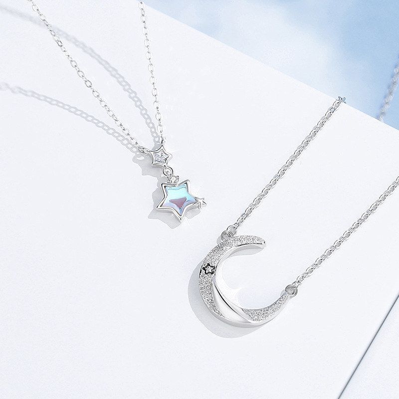 原创为你星动情侣项链925纯银韩版星星月亮锁骨链月光石吊坠