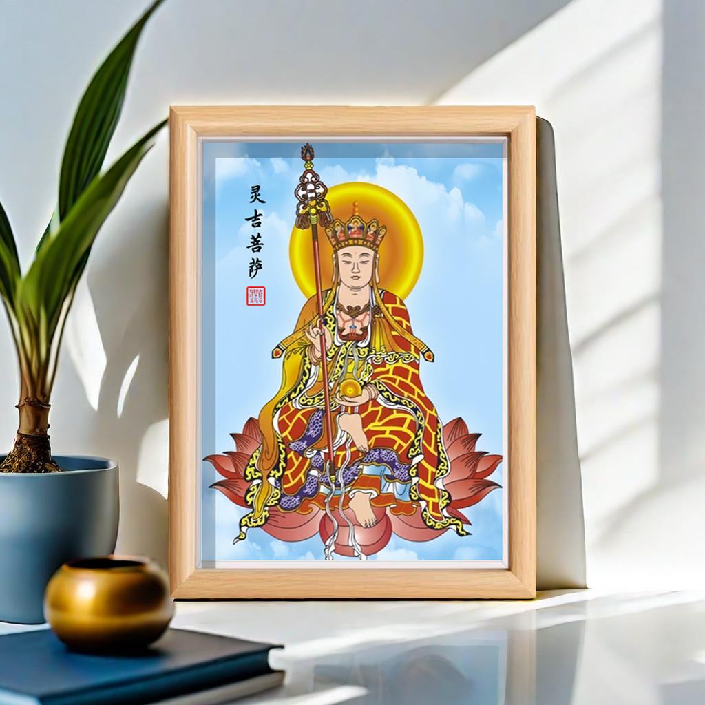 灵吉菩萨画像灵吉菩萨神像家用桌面木制相框高级供奉摆台