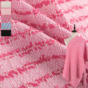 玫红色条纹春夏薄款小香风粗花呢布料diy连衣裙外套包包高端面料