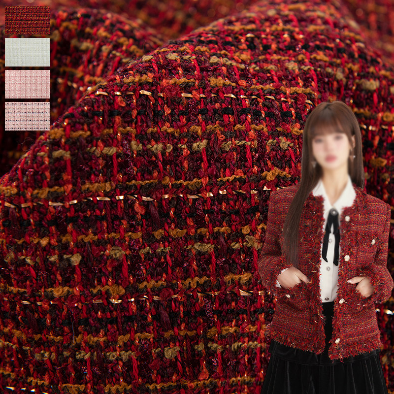 复古红色金丝含羊毛小香风布料粗花呢春秋款外套马甲裙子服装面料,居家布艺,海绵垫/布料/面料/手工diy,淘宝优惠券,粉丝福利购,淘宝优惠卷