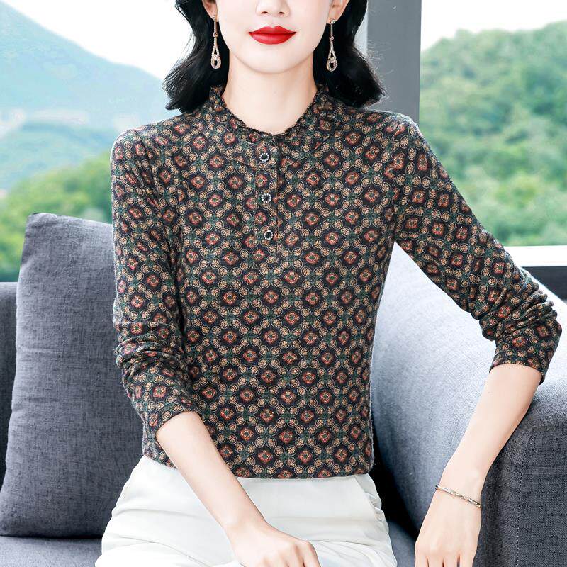 JOYIASS时尚套头上衣女长袖春秋冬新款妈妈减龄碎花磨毛打底小衫
