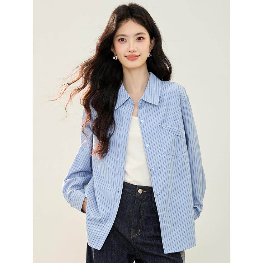 JOYIASS2025春秋新款条纹衬衫女长袖设计感小众学院风覆古上衣薄