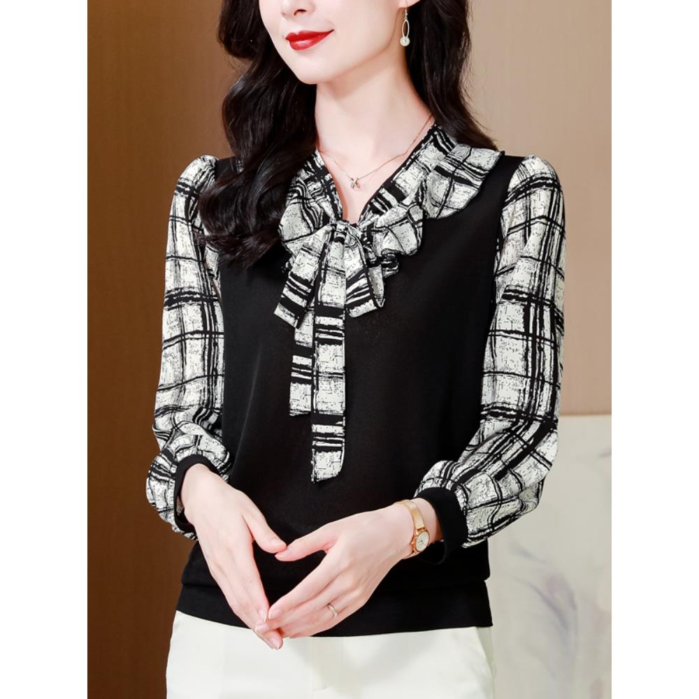 JOYIASS设计感假两件长袖衬衫女春秋新款飘带套头打底衫别致洋气