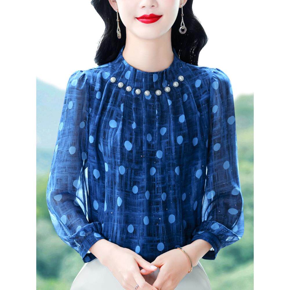 JOYIASS高级感蓝色波点立领长袖衬衫女秋季新款气质钉珠小衫减龄