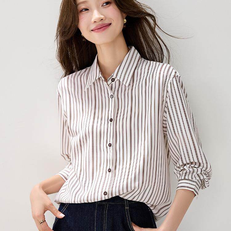 JOYIASS法式卡其色条纹衬衫女2025秋季时尚面试通勤上班服上衣长