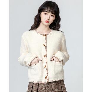 JOYIASS杏色牛角扣毛衣外套女2025秋冬新款慵懒宽松圆领针织开衫