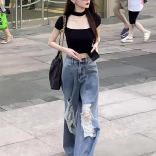 露脐显瘦短款 甜辣妹黑色方领短袖 挂脖设计修身 T恤女夏季 上衣 新款
