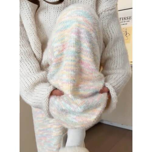 彩虹色糯米裤女秋冬2026新款高腰垂感加绒阔腿裤软糯秋冬针织裤子