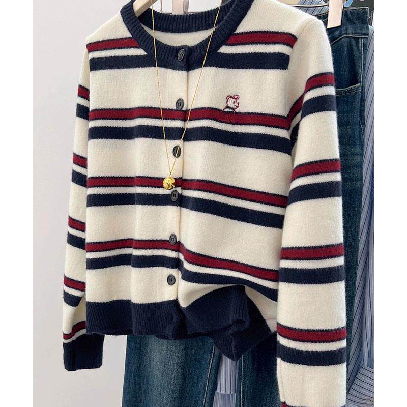 JOYIASS学院风条纹针织开衫女软糯氛围感外搭毛衣外套高级感简约